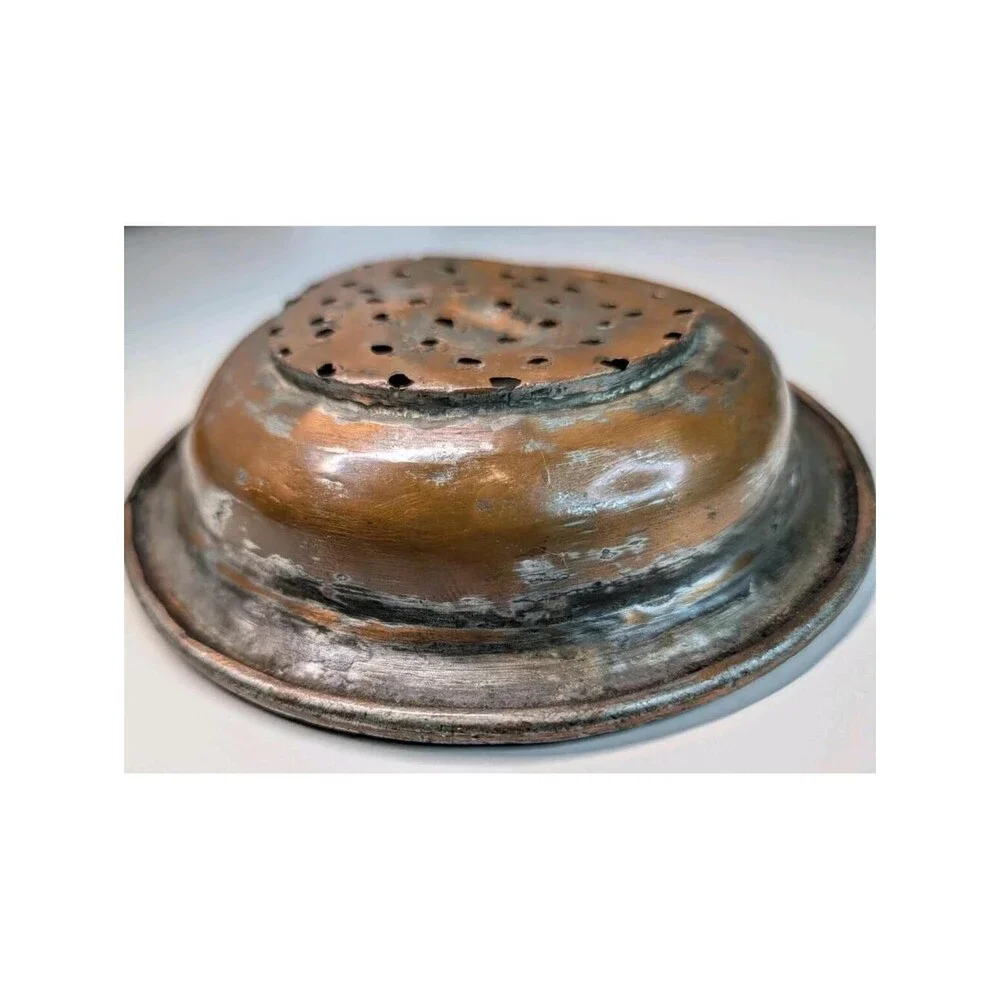 Antique Copper Colander Strainer Lot 3 Hand Punched Iron Ring Handle Tinned